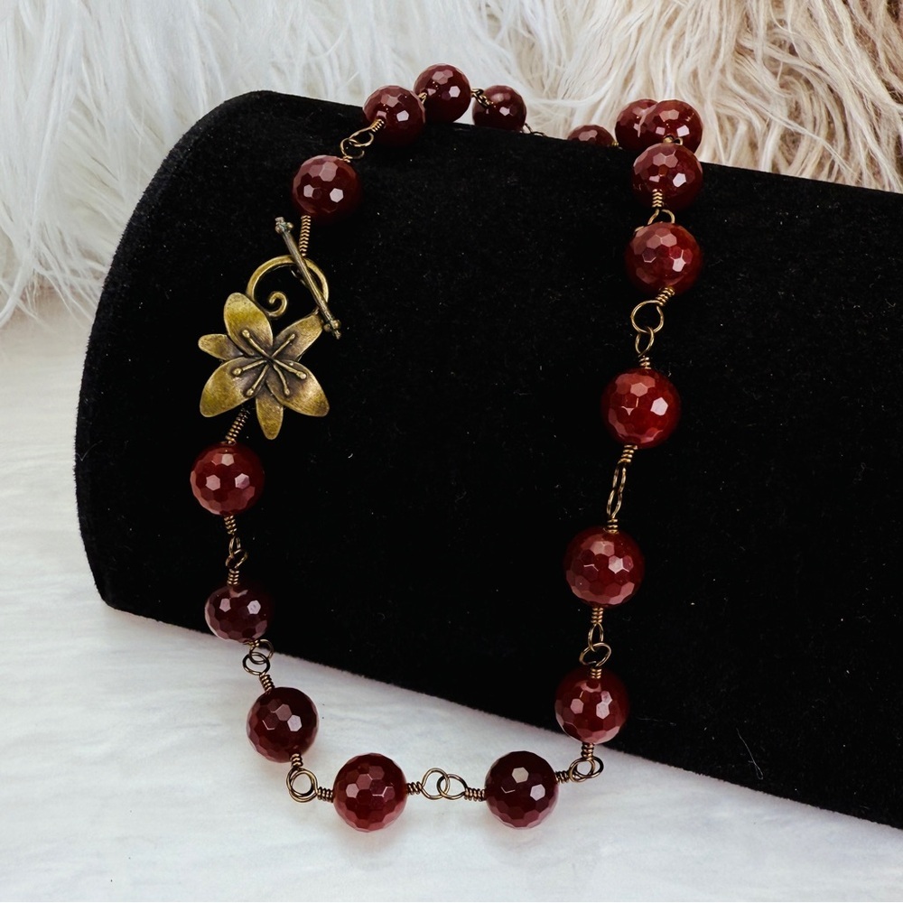 Stunning vintage Burgundy Weighted Beaded Necklace with Bronze Flower Toggle